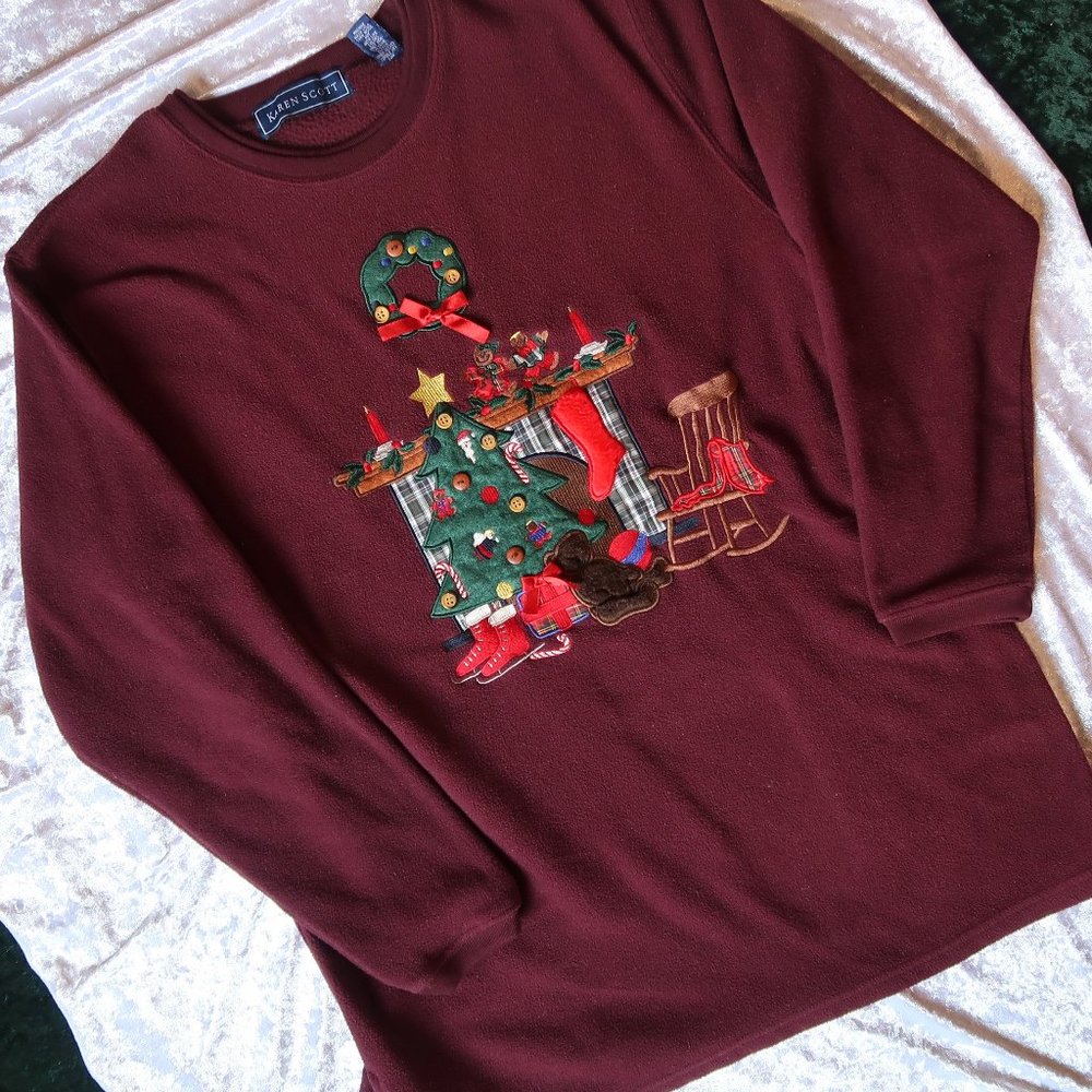 Karen Scott burgundy fleece embroidered Christmas Sweatshirt sz. M